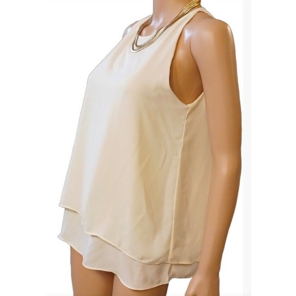 SAINT TROPEZ WEST-SMALL- Layered Chiffon Split Back Women's Sleeveless Beige Top - Picture 4 of 13